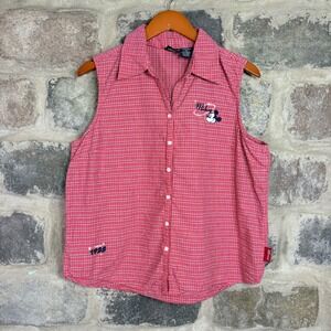 VTG Mickey Unlimited Women's XL Red Gingham Sleeveless Button Down Disney Shirt